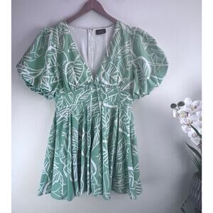 VICI Green Linen Blend Puff Sleeve Fit and Flare Mini Dress Women's Size X-Large